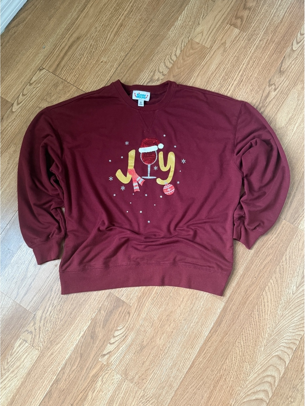 Rockin' Around Burgundy Holiday Joy Sweatshirt with Sequins, Size Small